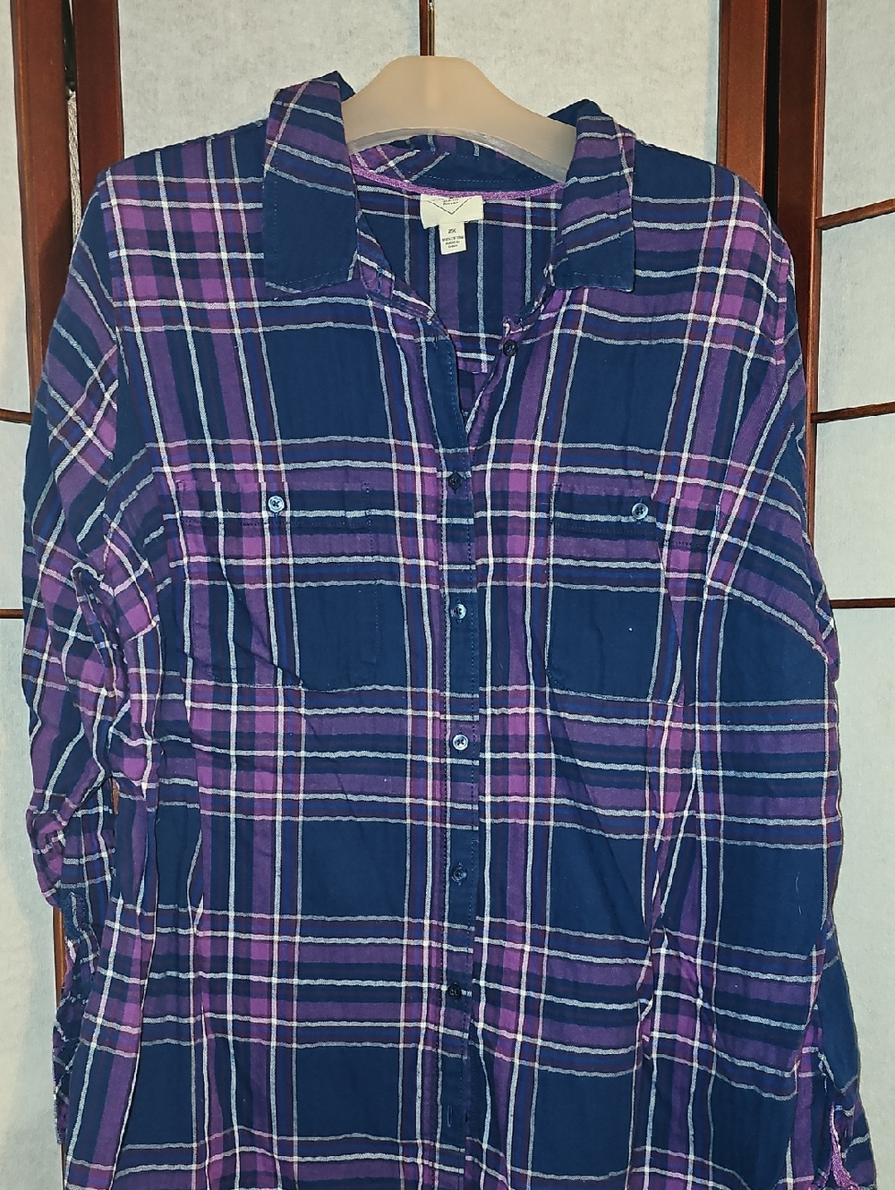 St. John's Bay Navy and Purple Plaid Shirt